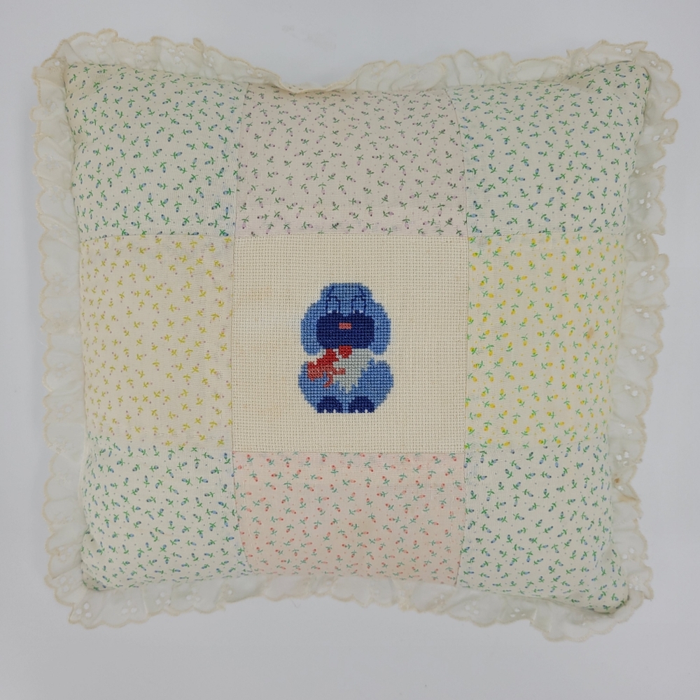 Handmade Vintage Quilted Cross Stitch Pillow Floral Dog Puppy Lace Grandma